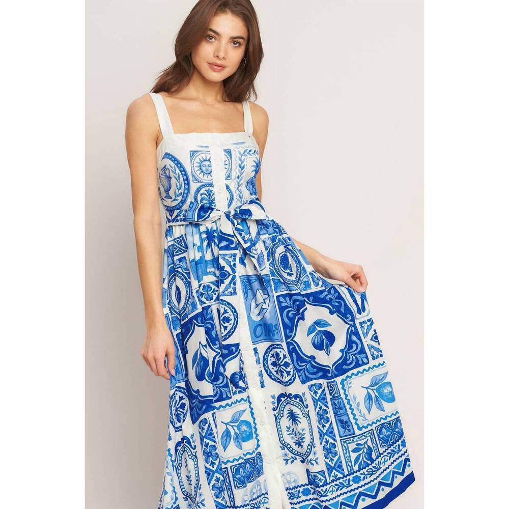 NEW FLYING TOMATO printed woven midi dress in blue - Picture 3 of 8